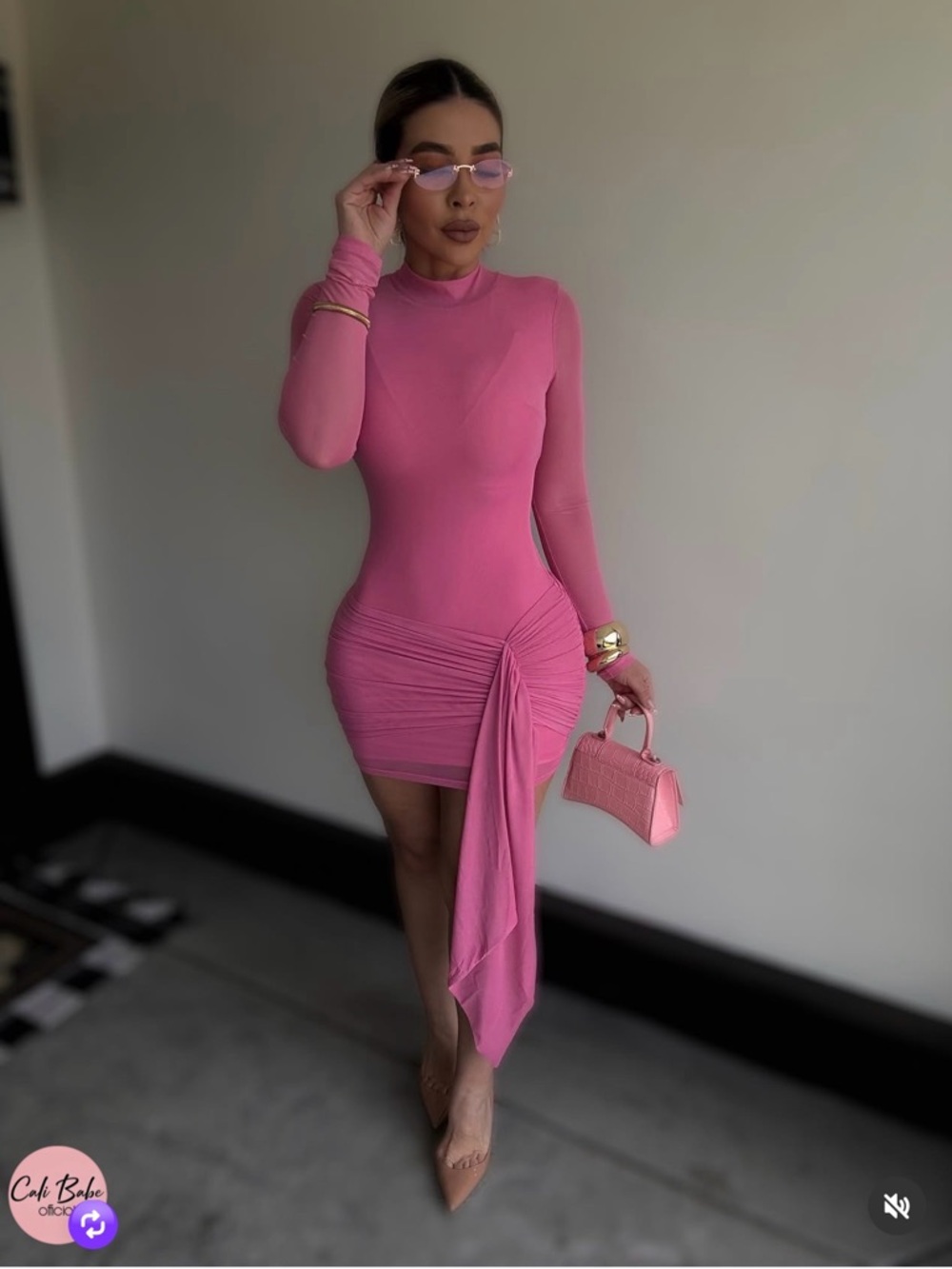 Long-Sleeve Pink Ruched Bodycon Dress with Side Drape